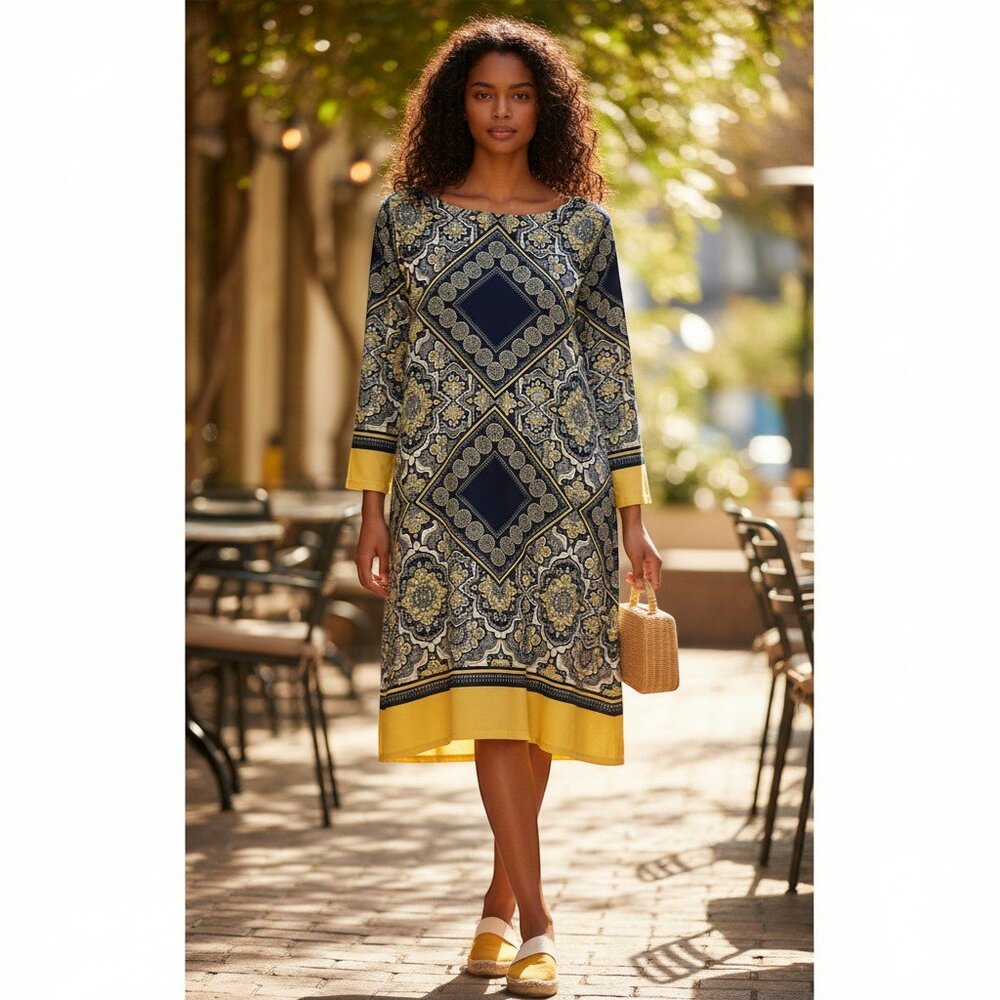 Tiana B New York Navy Yellow Print Dress 18W